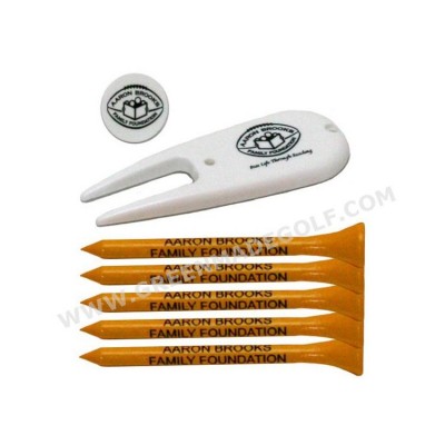 Orange wooden golf tees, custom divot tool with golf ball marker